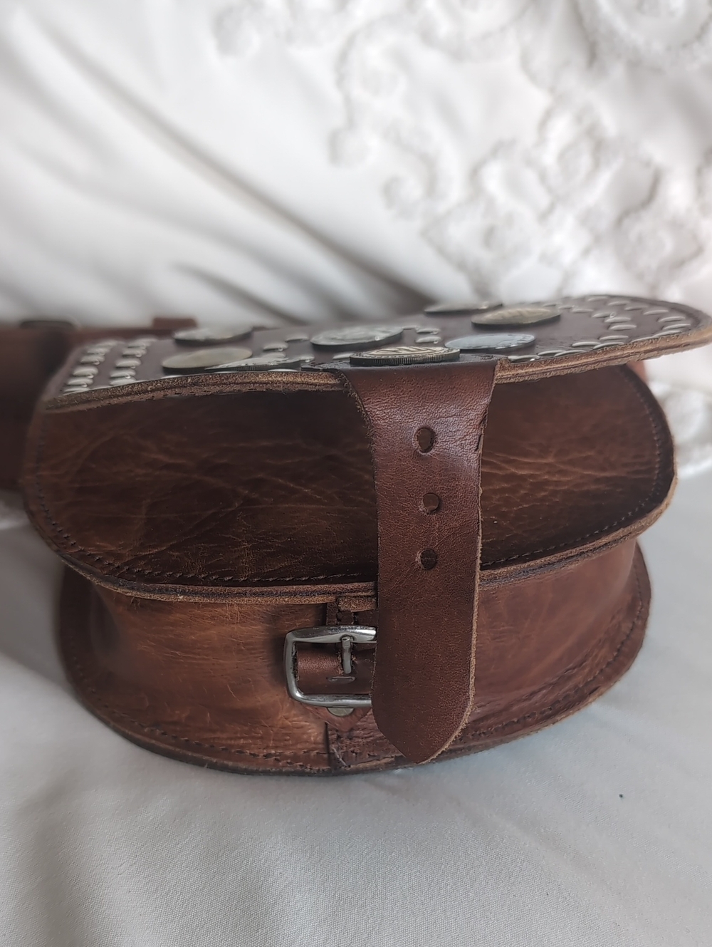 Vintage Moroccan Leather Belt/Cross Shoulder Bag Vintage European Coins Unisex - Picture 13 of 15